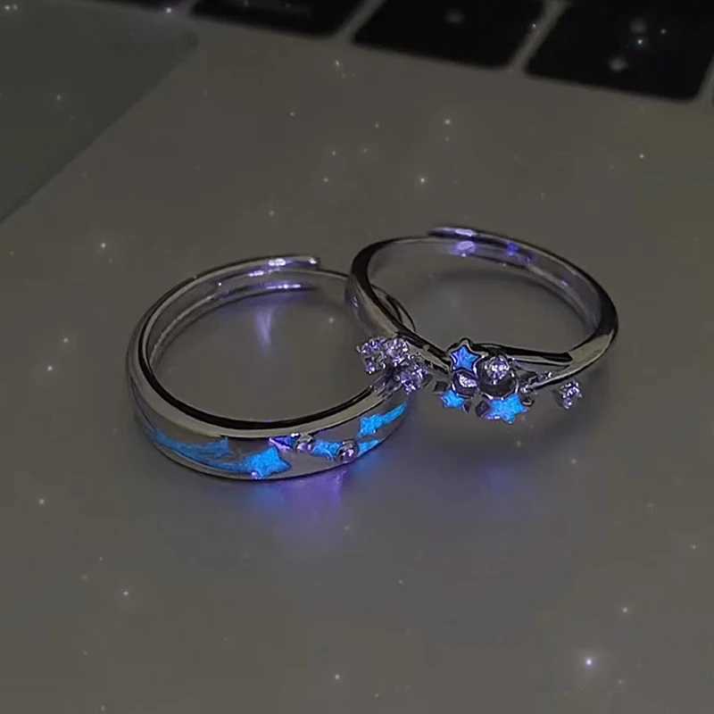Fashion Exquisite Blue Luminous Star Couple Ring Fluorescent Zircon Ring For Women Men Adjustable Finger Rings Jewelry GiftsX240921