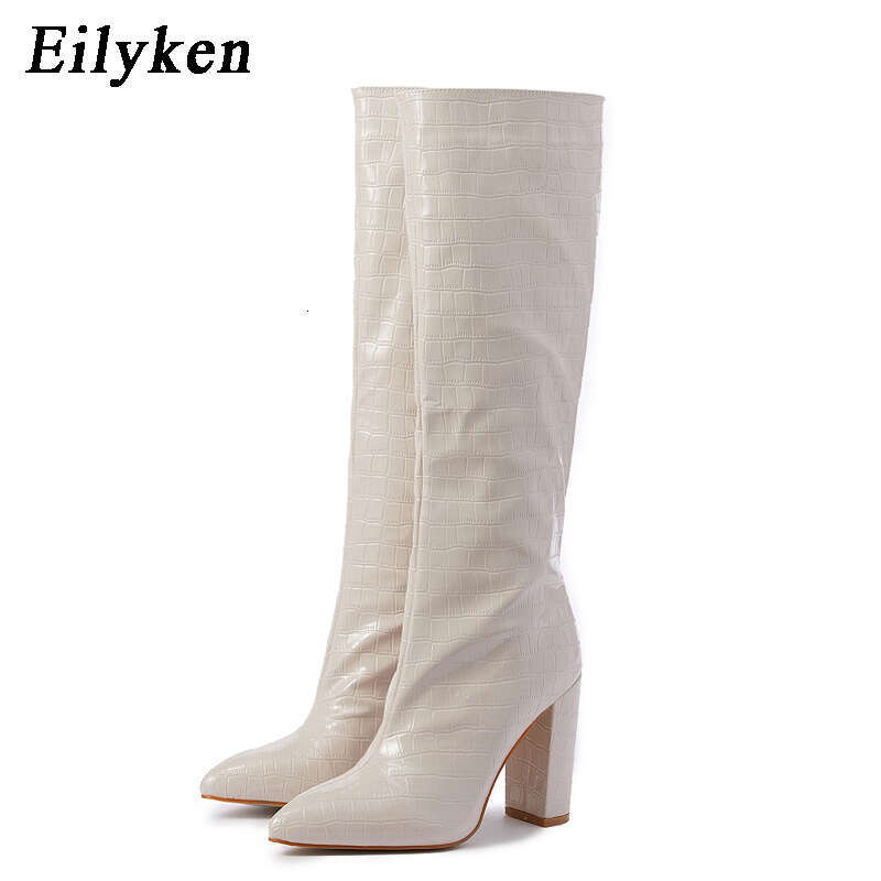 Eilyken New Fashion Solid Color Snake Pattern Women Knee-High Boots Pointed Toe Winter Ladies Long Booties Handmade Shoes
