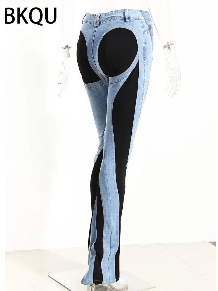 BKQU jeans womens pencil pants fashion high waist contract color splicing work long elastic tight 240921