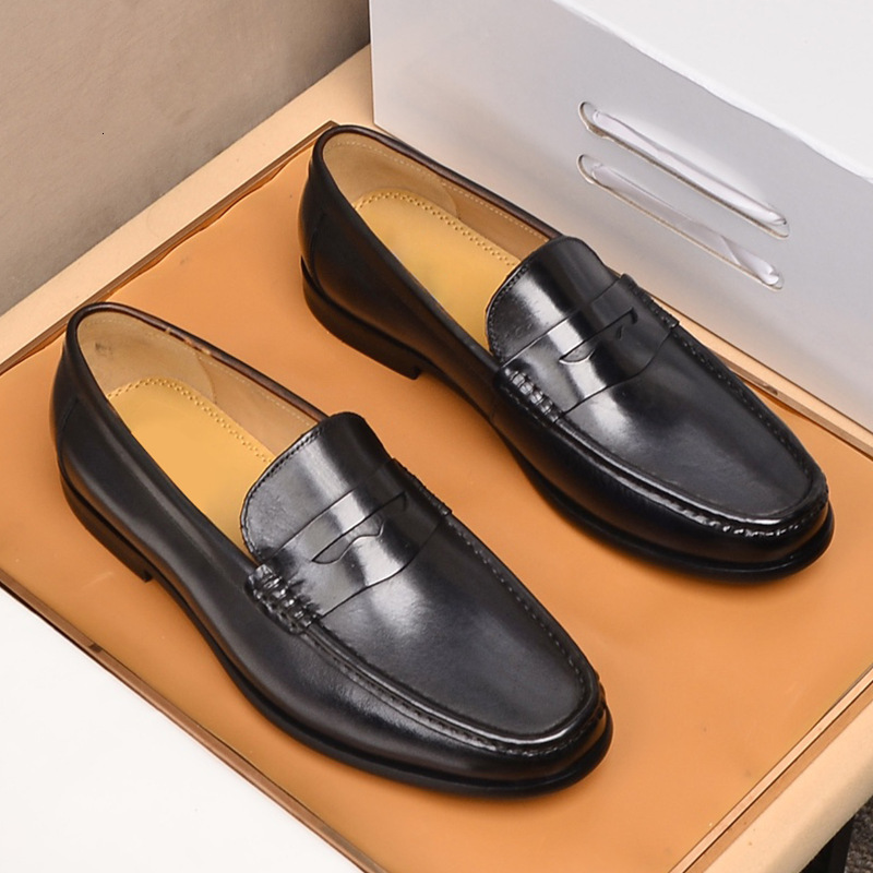 Men Penny Loafers Genuine Leather Slip On Black Casual Business Dress Mens Wedding Party Office Fashion Shoes