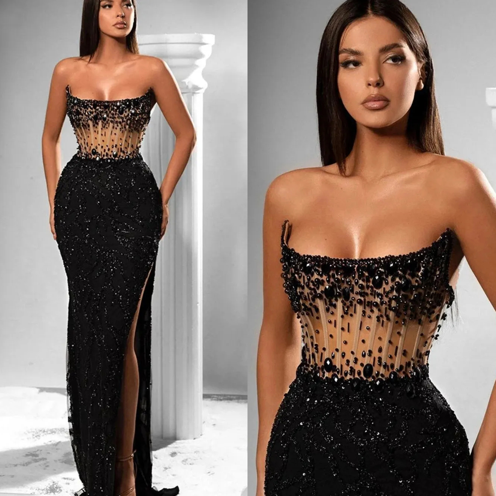 Modern Beaded Black Prom Dresses Side Split Pearls Sequins Long Strapless Corset Formal Evening Dress Luxurious Birthday Party Pageant Special Occasio