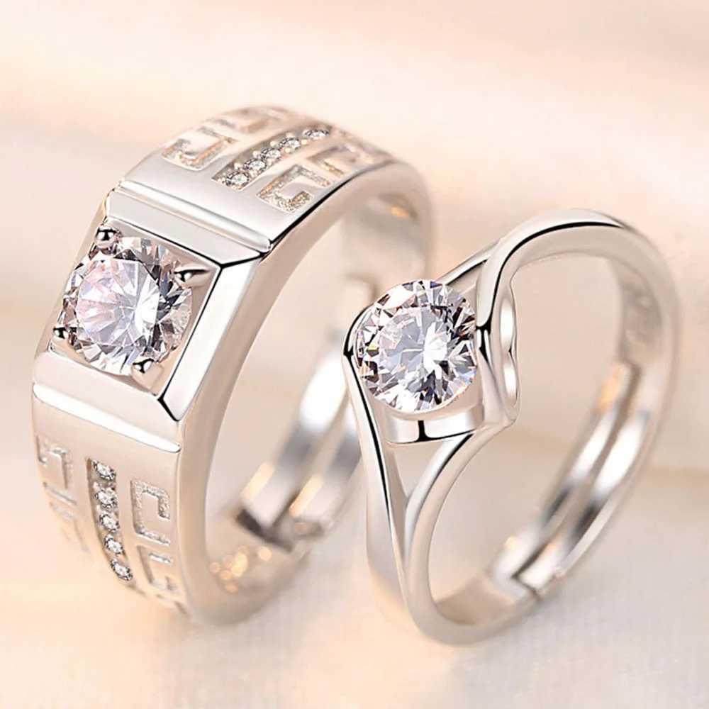 2Pcs/Pair Copper Plated Platinum Resizeable Engagement Couple Ring Men Women Cystal Adjustable Gift Wholesale Drop ShippingX240921