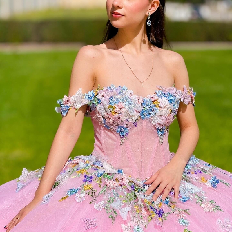 Pink Sparkly Princess Quinceanera Dresses off Shoulder Gillter Applique Lace Bow Sequins Beading Tull Vestido 15 de Anos Sweet 16 Dress