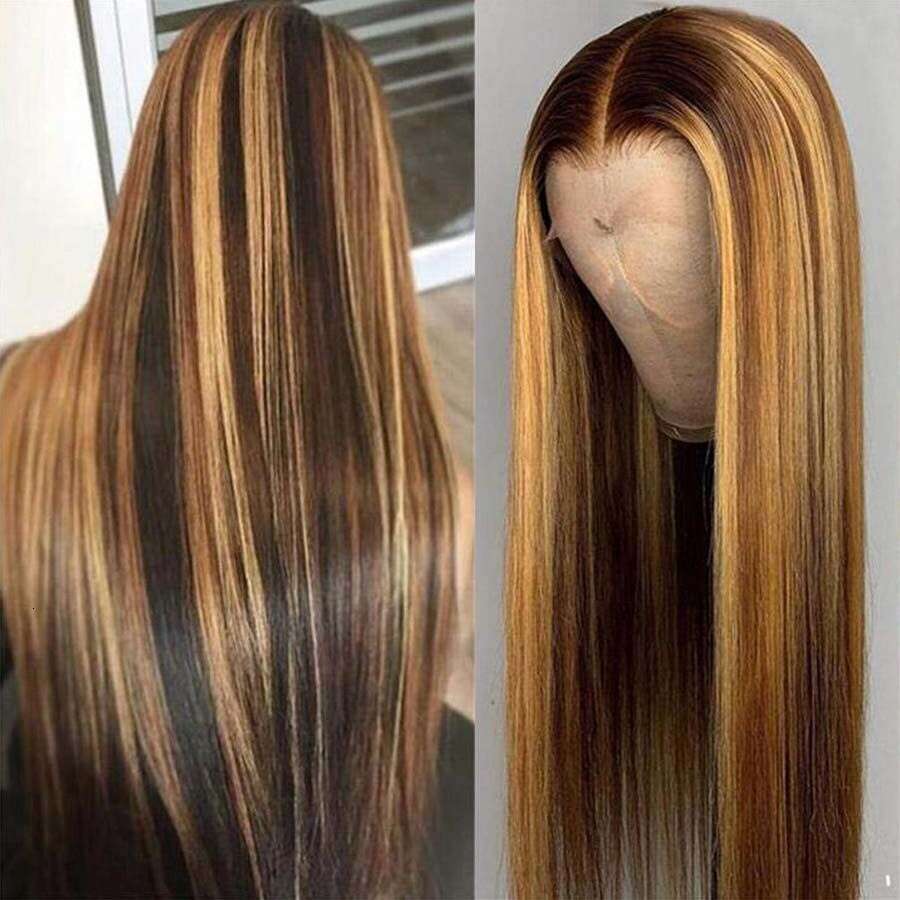 P4/27 Highlight Straight Wig Wigs Honey Blonde Body Wavy T Part Brazilian Natural 100% Human Hair Lace Frontal