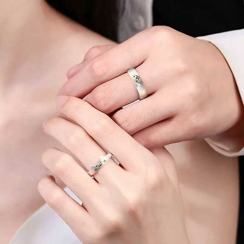 Cat Dog Couple Rings Cute Cartoon Sliver Color Ring for Women Men Adjustable Open Alloy Finger Rings Lovers Dating Jewelry GiftsX240921