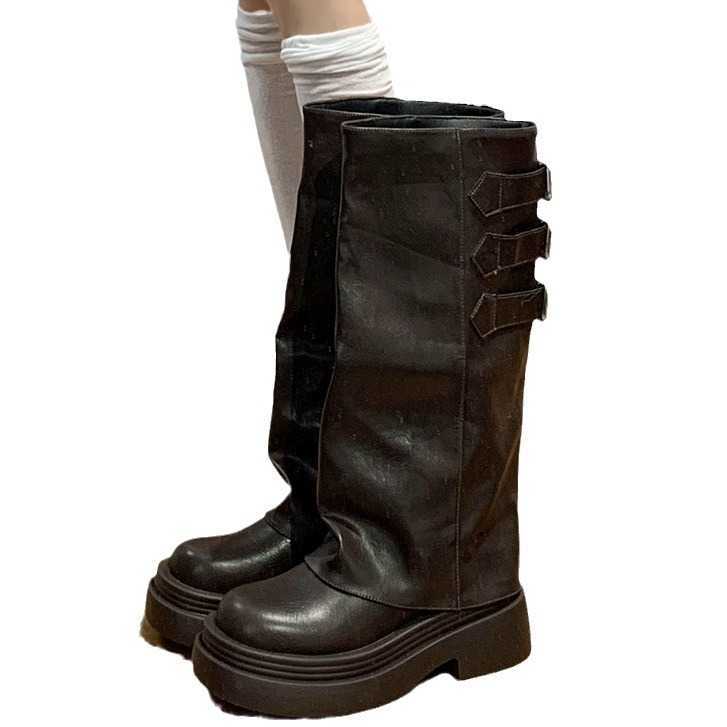 CMM Brown Versatile British Thick Soled Long Tube Boots for Women New Summer Slimming and Height Increasing Explosive Street Pants Boots