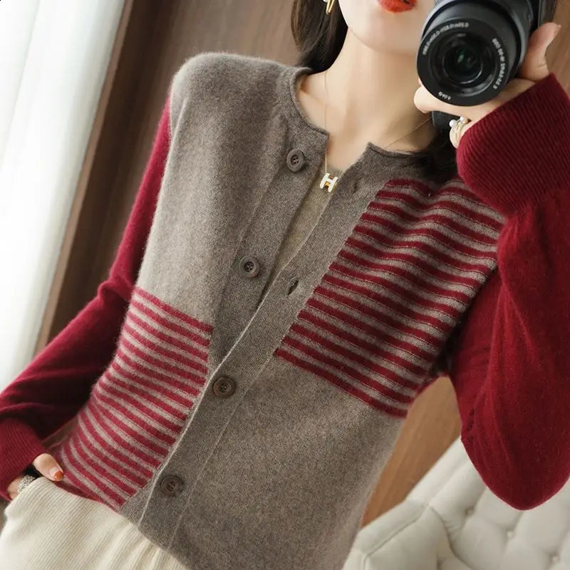 Autumn Winter Temperament Striped Knitting Cardigan Coat Ladies Fashion Patchwork O-neck Sweater Women Clothing Vintage Tops 240918