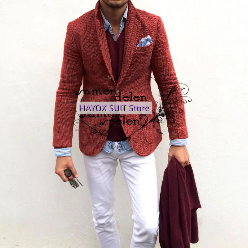 Elegant Fashion Mens Tweed Blazers Set Slim Fit Single Breasted Multiple Pockets Costume Homme Tuxedo 240911