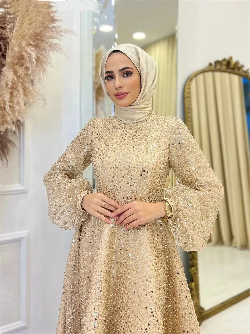 Sparkly Champagne Sequins Muslim Prom Dresses High Neck Long Sleeves Pleats Floor Length A Line Formal Dress For Women 2024 Fall Winter Evening Gowns