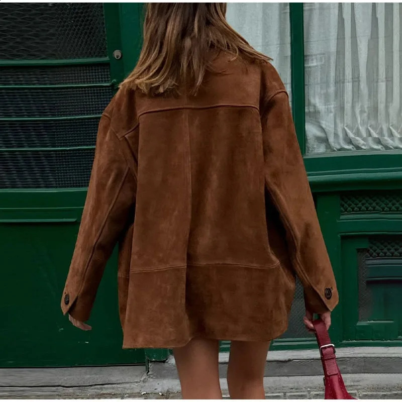Retro Brown Suede Leather Blazer Lapel Casual Single Breasted Loose Pocket Women Jacket 2024autumn Fashion Commute Street Coats 240921