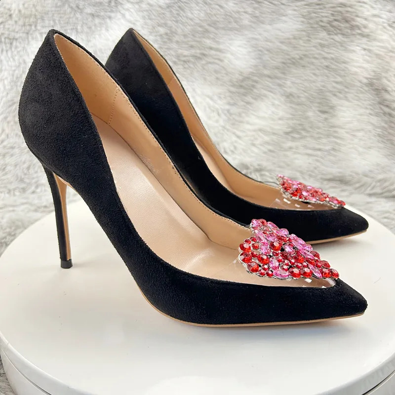 12cm womens high heels black velvet high heels party shoes nightclub shiny diamond square buckle black satin single shoes 240919