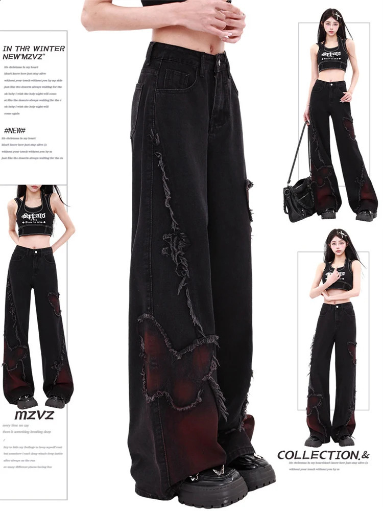 WCFCX STUDIO Womens Black Pocket Jeans Harajuku Y2k Aesthetic Butterfly Denim Korean Retro Wide Leg 240921