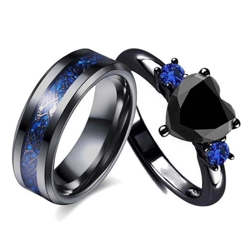 Charm Couple Rings Men Stainless Steel Celtic Dragon Ring Black Zircon Womens Wedding Band Rings Set Valentines Day JewelryX240921