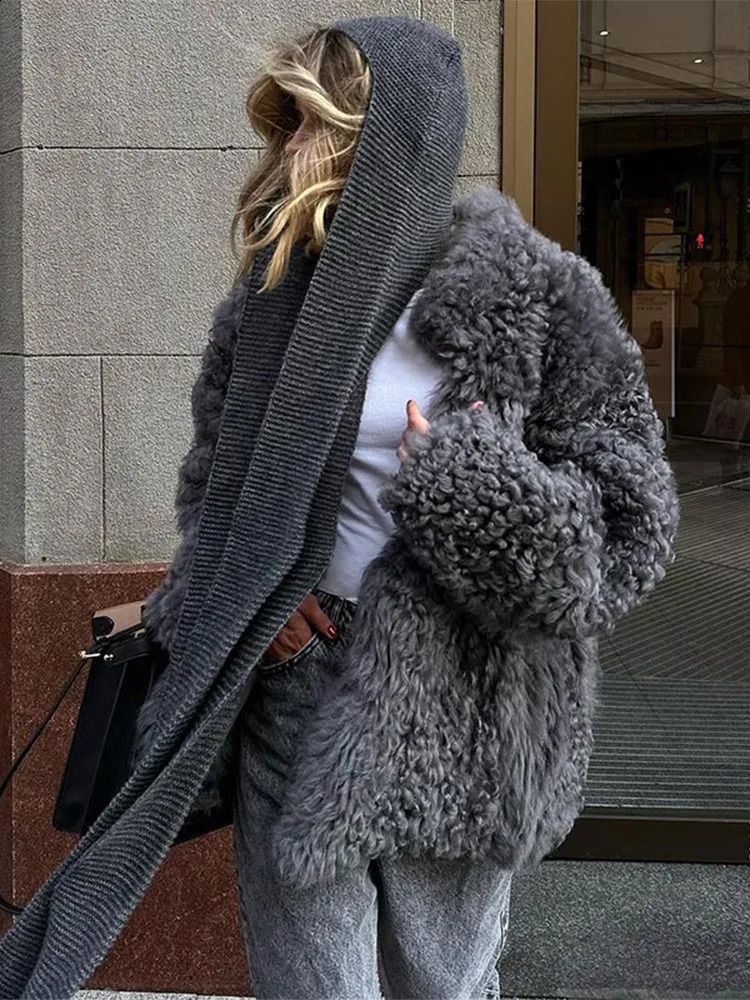 Fashion Grey Teddy Faux Fur Lapel Coat For Women Thick Warm Long Sleeve Short Jacket Autumn Ladies Commuting Outerwear 240911