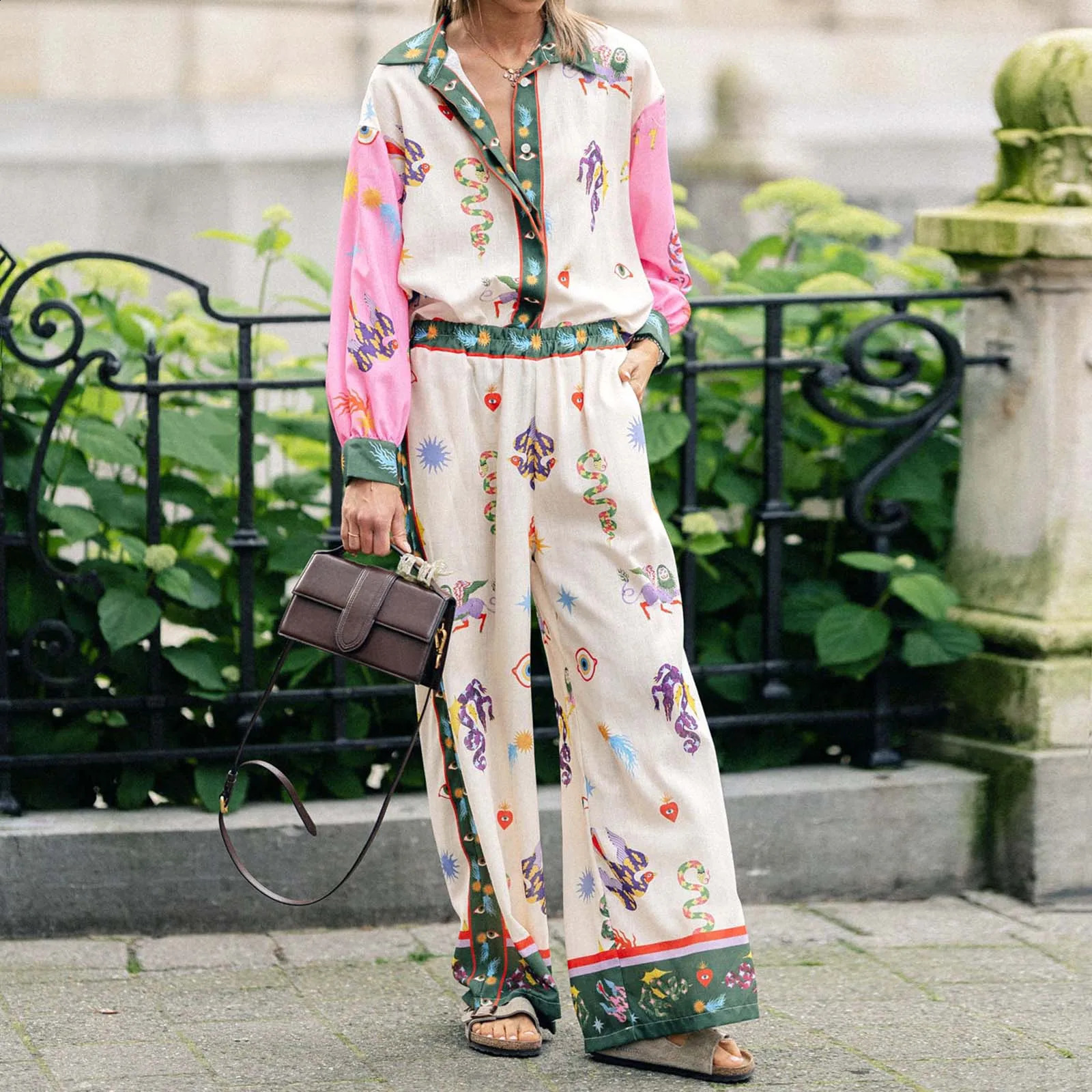 Womens Y2K 2Piece Aesthetic Allover Printed Set Long Sleeve Lapel Button TShirtElastic Waist Wide Legs Long Pants 240921