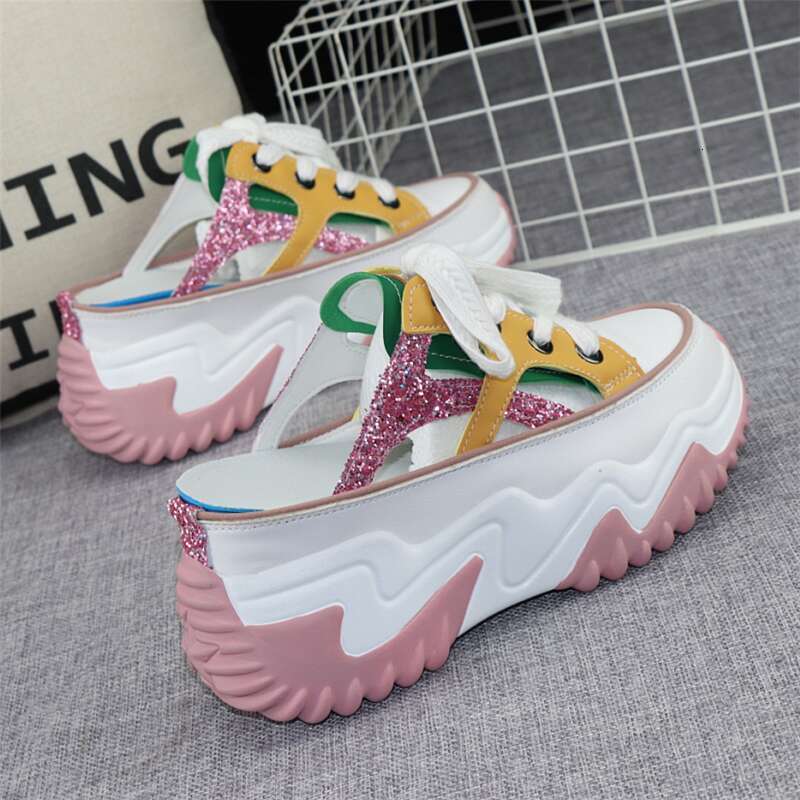 New Glitter Leather Women Chunky Sneakers Platform Wedge Breathable Slippers Comfortable Hollow Summer Shoes