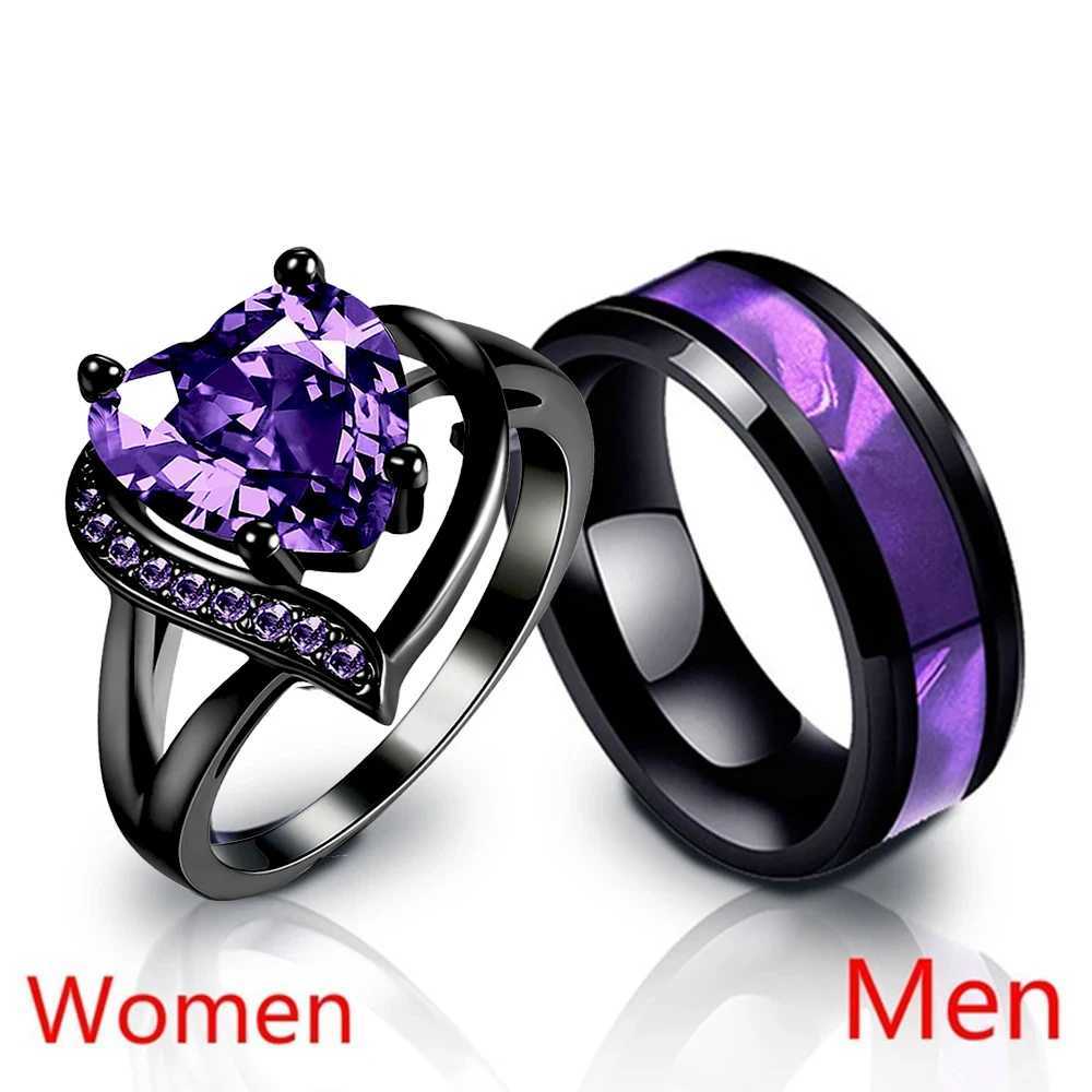 Fashion Couple Rings Romantic Women Heart Purple Rhinestones Zircon Ring Trendy Men Stainless Steel Rings Wedding Band JewelryX240921