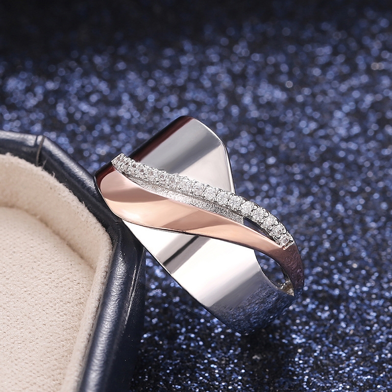 Amazon Europe and the United States hot selling simple micro-inset rose gold two-color bow cross zircon ring jewelry