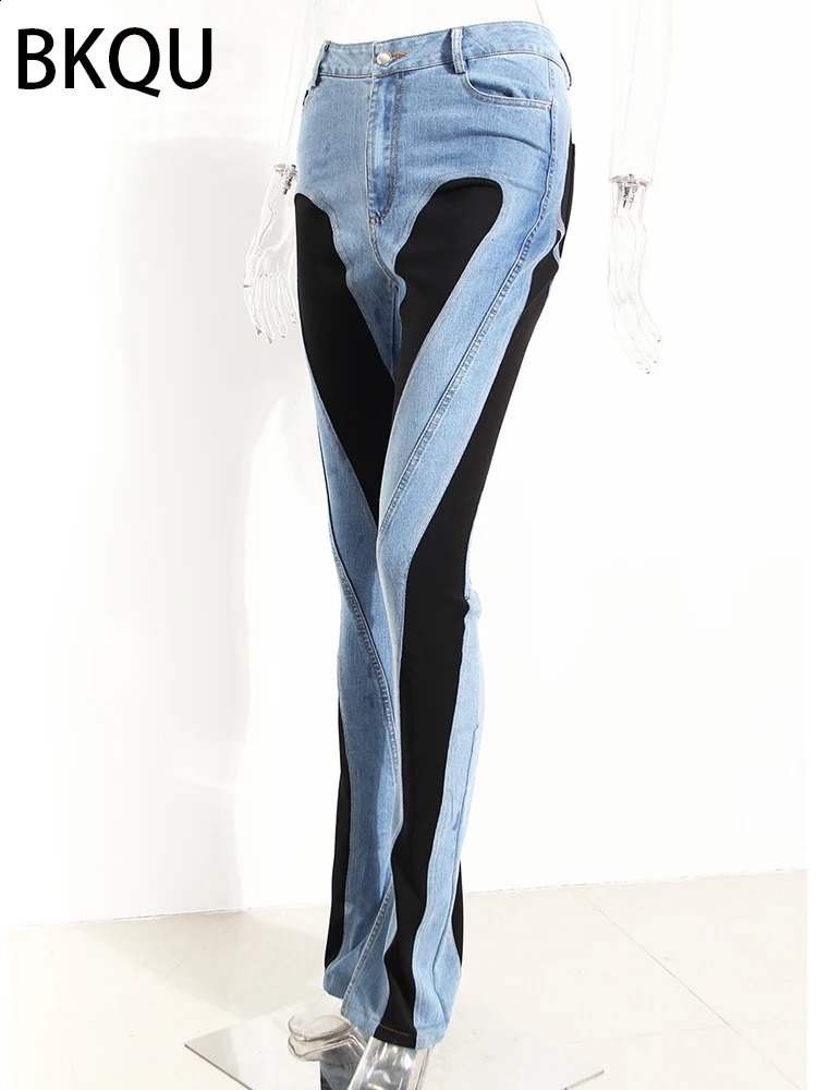 BKQU jeans womens pencil pants fashion high waist contract color splicing work long elastic tight 240921