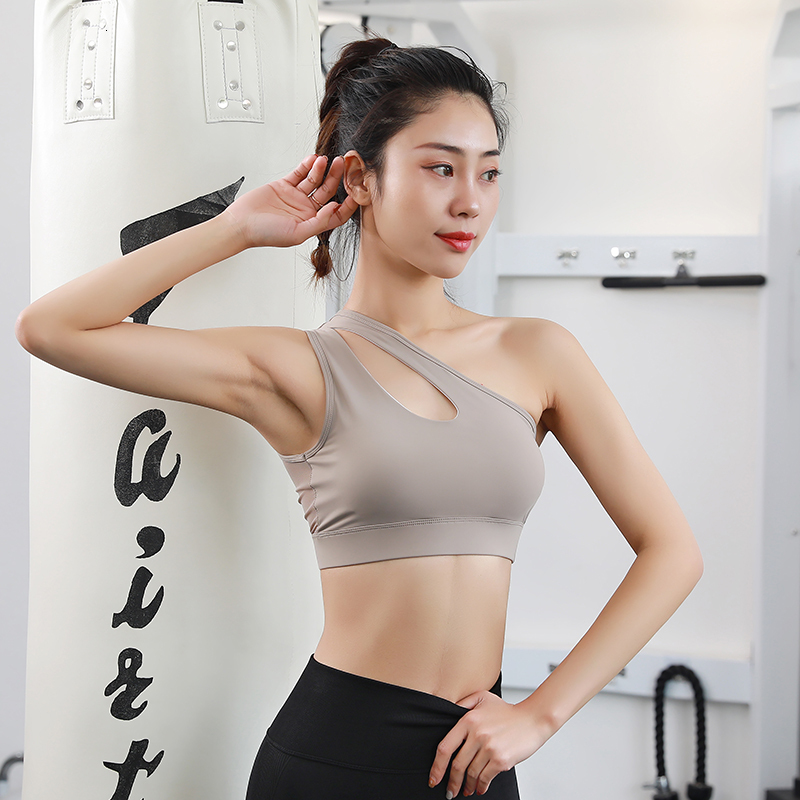 Women's 2024 Solid Colors Removable Pads Hollowed Sports Tops Quick Dry Push Up Shodkproof One Shoulder Gym Bra