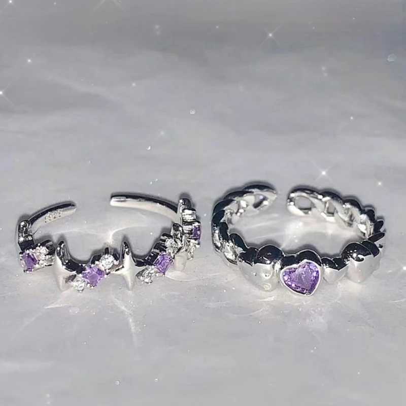 Fashion Shiny Purple Rhinestone Opening Couple Rings for Women Men Vintage Crystal Star Adjustable Ring Lover Y2K JewelryX240921