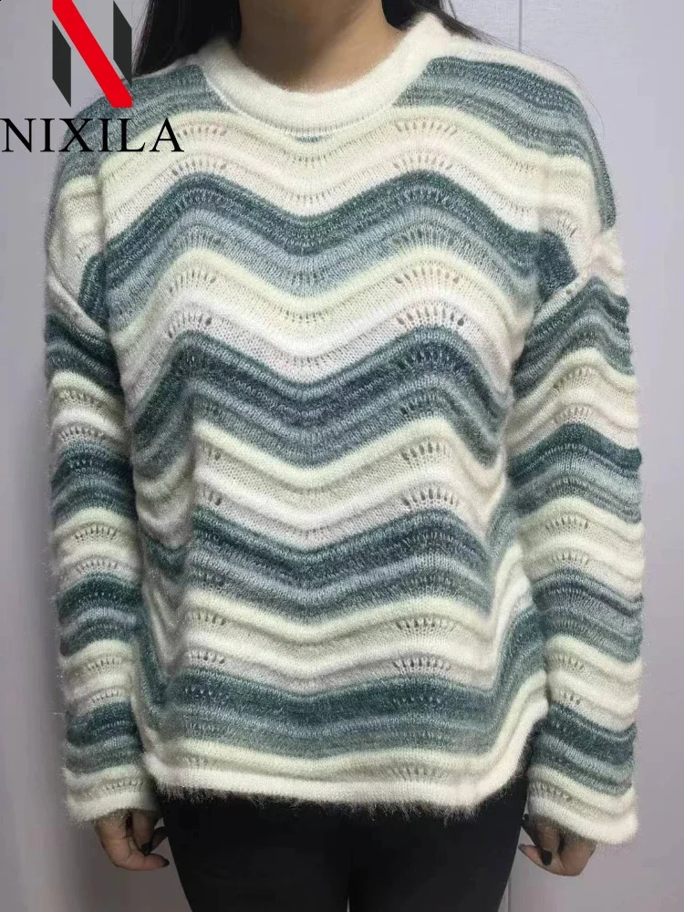 Spring Autumn Womens Pullover Sweet Rainbow Bar Sweater Women Elegant Loose Knit Long Sleeve Tops Korean Fashion Lady Clothes 240912