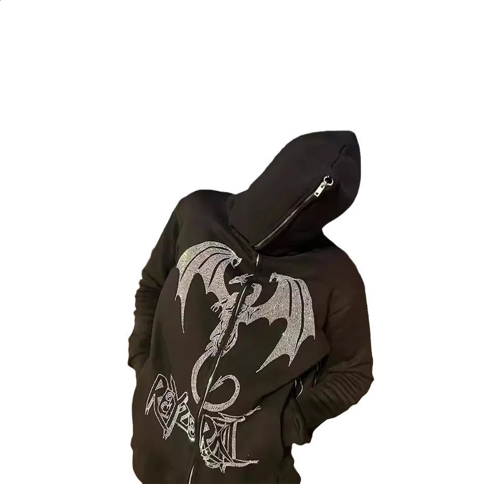 Y2K Fashion Retro Street Zipper Hooded Sweater Fire Dragon Pattern Neutral Sports Fantasy Long Sleeve Sweater 240930
