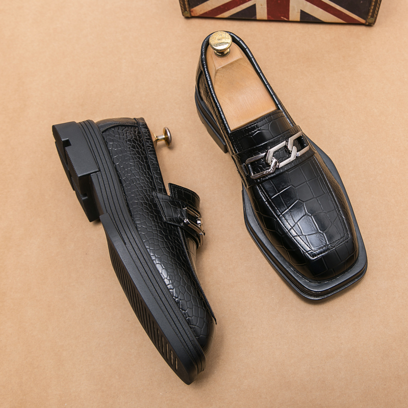 2024 Italy Black Leather Slip-On Oxford Dress Men Square Head Footwear Casual Party Shoes Thick Bottom Loafers