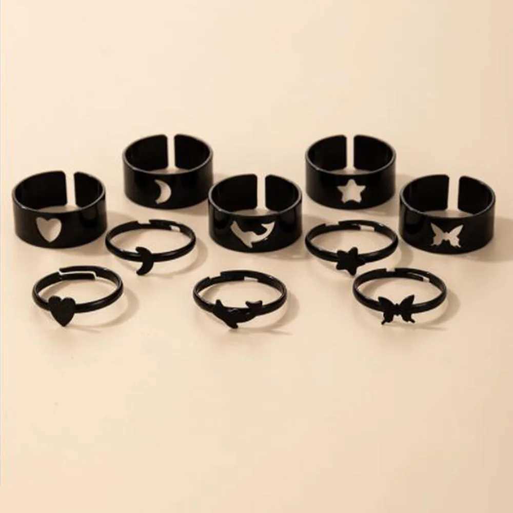 Vintage Simple Animal Butterlfly Star Moon Heart Open Rings For Women Girls Gothic Jewelry 2PCS Punk Black Couple Ring SetX240921