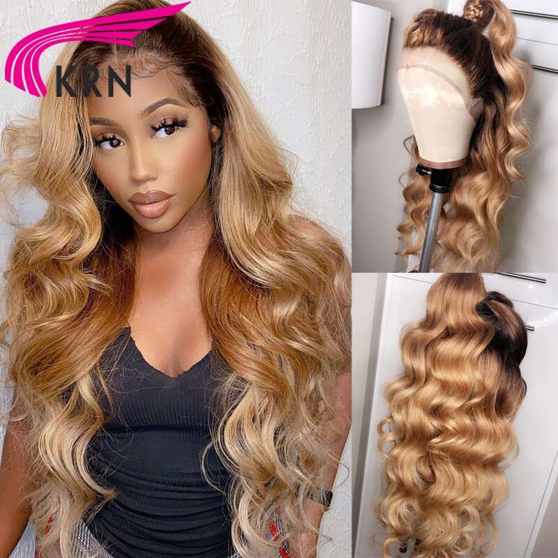 Body Wave 4/27 Colored 13x4 Lace Frontal with Baby Human Ombre Honey Color 4x4 Closure Wig Brazilian Hair Wigs