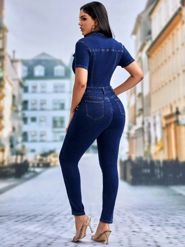 Sexy Women Jeans Stretch Romper Turn Down Collar Elegant Blue Denim Casual Jumpsuit Overalls 240921