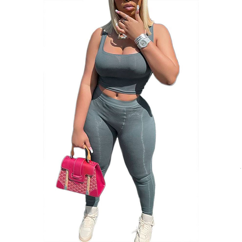 Casual Workout Sets 2 Piece Outfits For Women Ribbed Crop Tank Top High Waist Yoga Leggings Lounge Wear Tracuit