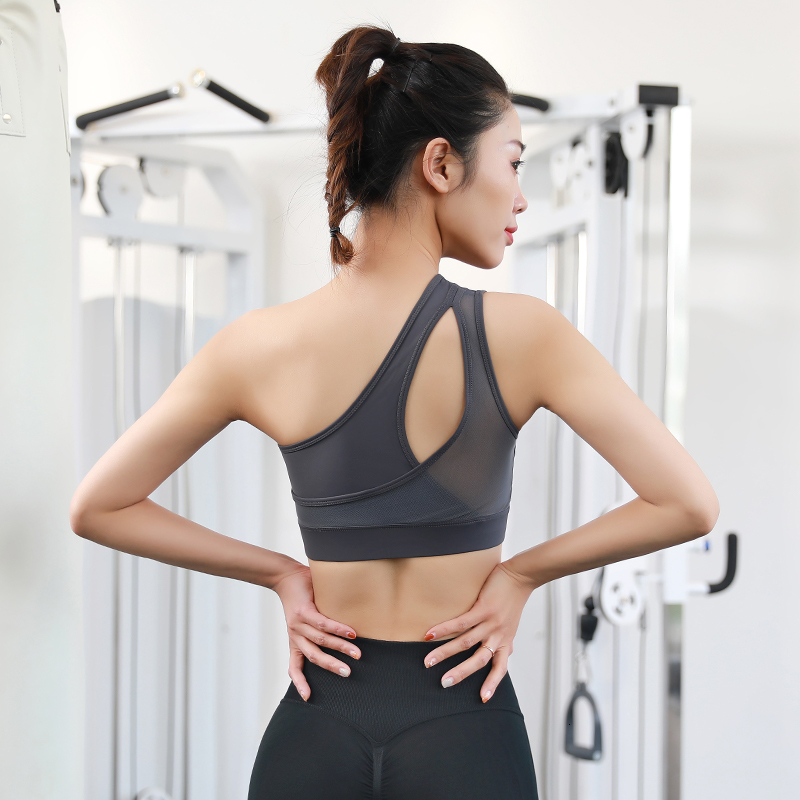 Women's 2024 Solid Colors Removable Pads Hollowed Sports Tops Quick Dry Push Up Shodkproof One Shoulder Gym Bra