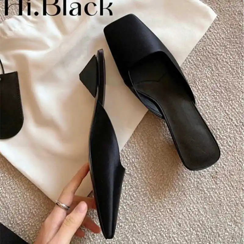 satin womens mule shoes summer sexy square head strange low heel slide sandals elegant and comfortable dress slide 240919