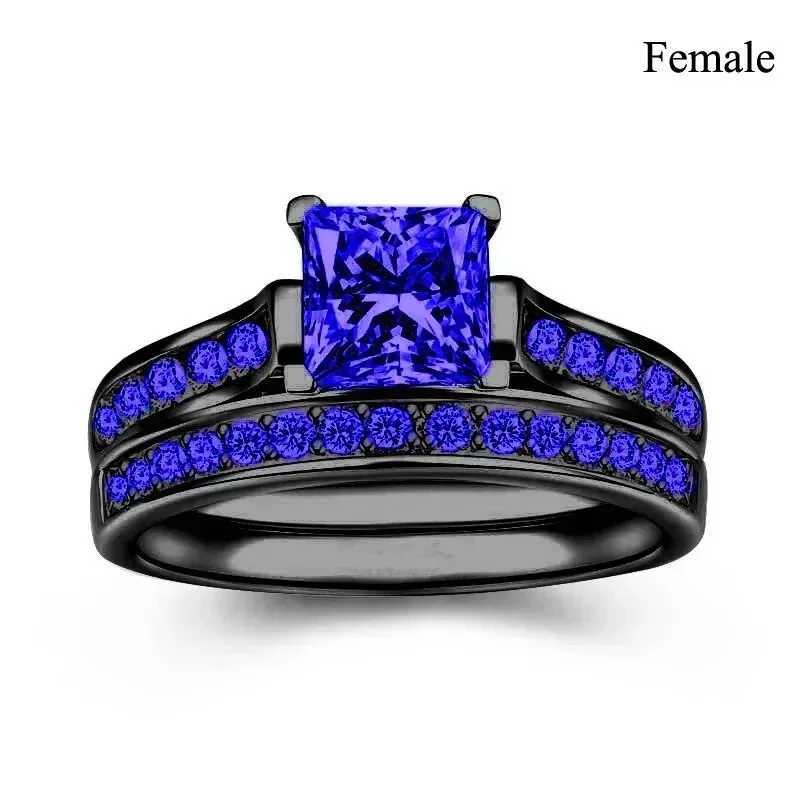 Fashion Couple Rings Romantic Women Blue Rhinestones CZ Rings Set Trendy Men Stainless Steel Rings Wedding Band Jewelry GiftsX240921