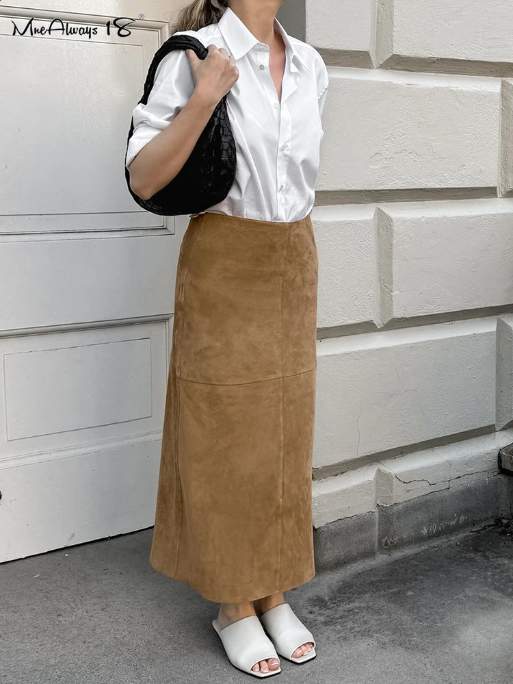 Mnealways18 Suede Vintage Khaki Skirts Women Warm Autumn Winter 2024 High Waist Straight Long Skirts Office Ladies Woolen Midi 240919