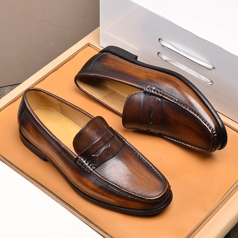 Men Penny Loafers Genuine Leather Slip On Black Casual Business Dress Mens Wedding Party Office Fashion Shoes