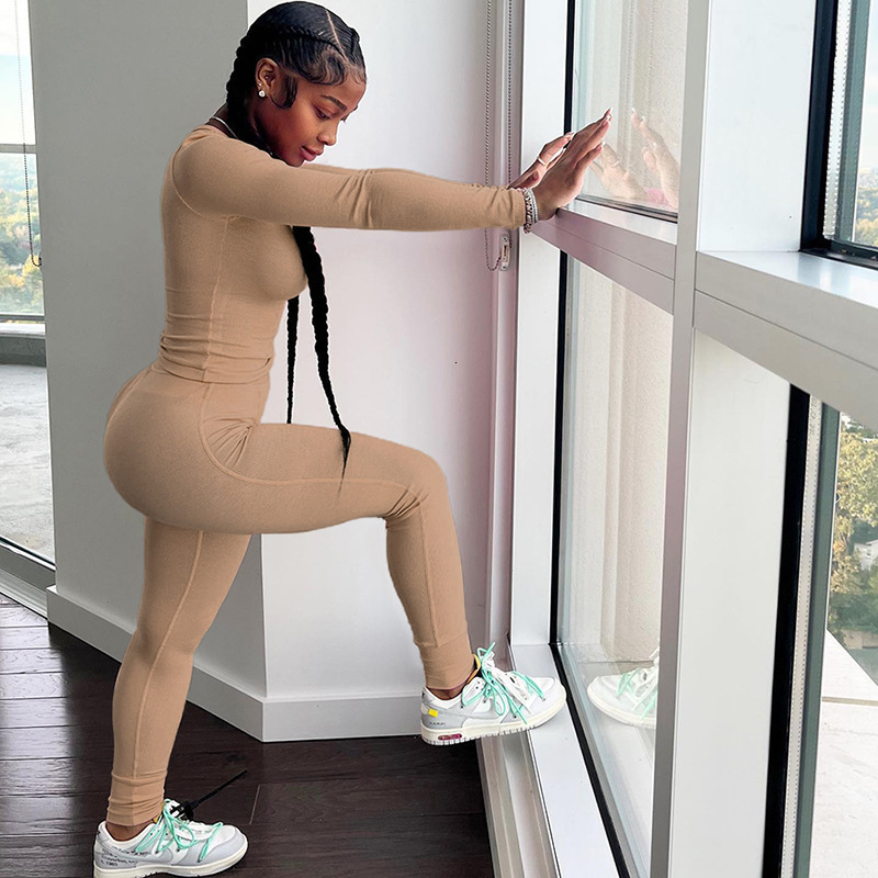 2Pcs Solid Color Yoga Workout Set Long Sleeve Round Neck Top & High Stretch Running Sports Leggings Suit Women's Activewear