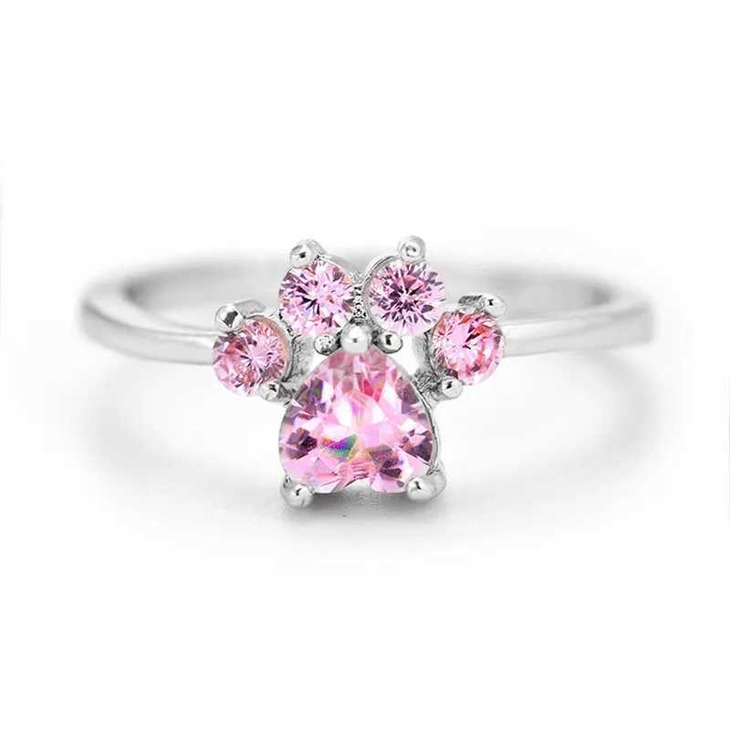 Cute Cartoon Cats Paw Crystal Engagement Design Hot Sale Rings For Women Pink Zircon Cubic Elegant Rings Female Wedding JewelryX240921