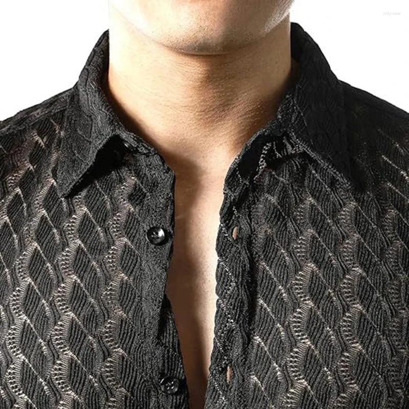 Men's Casual Shirts Mens Summer Mesh See Through Lace Short Sleeve Sexy Party Nightclub Tops