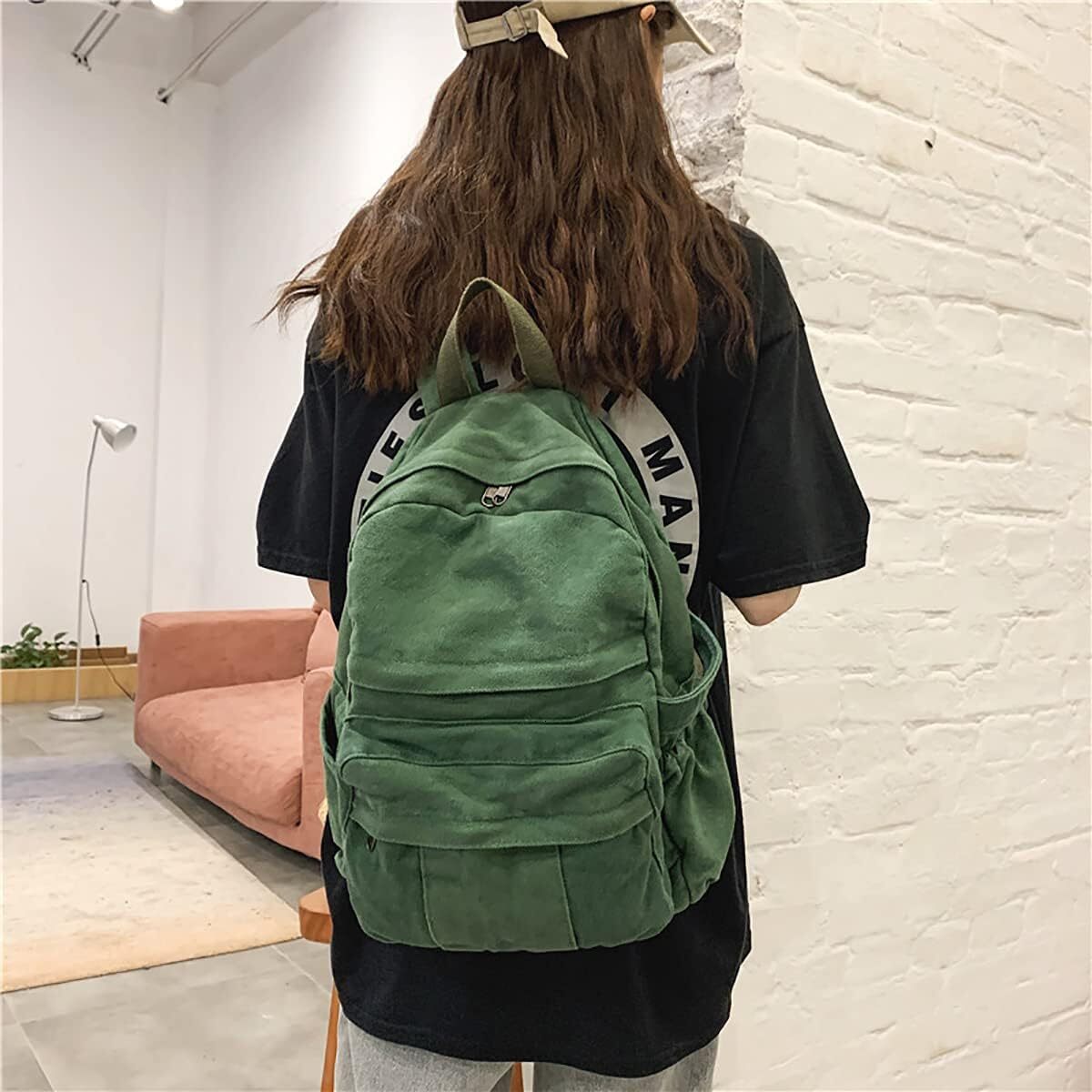 Laptop Travel Canvas Women Vintage Green Aesthetic Backpack for School