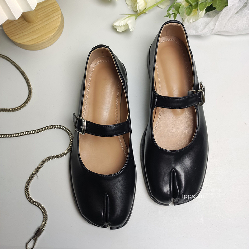 IPPEUM Flats Split Toe Plus Size 42 Loafer Brown Shoes Black Leather Women Mary Janes