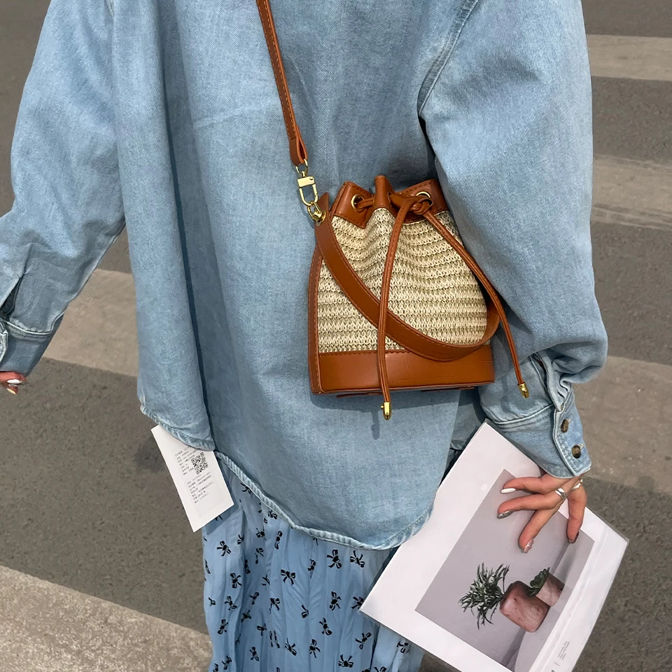 Hand Woven Bucket Bag Environmentally Friendly Material TLXT Casual Fashion Handbag Designer Shoulder Bag Suitable for The Seaside