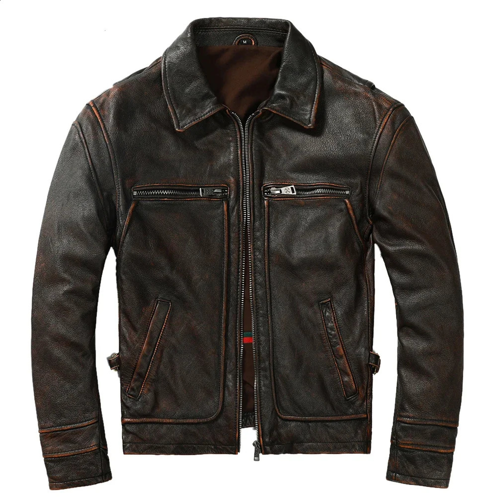 Retro mens leather jacket thick 100% natural denim motorcycle jacket winter mens leather clothing 3 colors M100 240919