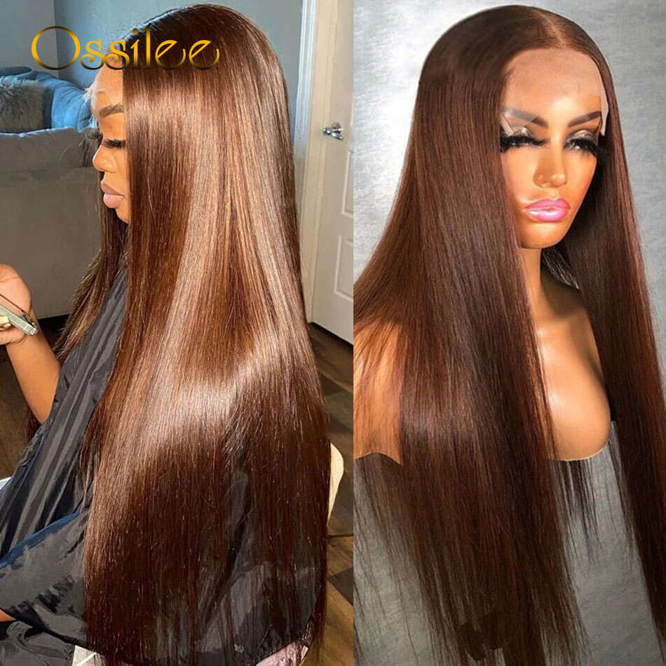 Color 4 Chocolate Brown Front Brazilian Straight 4x4 Human Hair Closure 13x4/13x6 Lace Frontal Wigs Ossilee