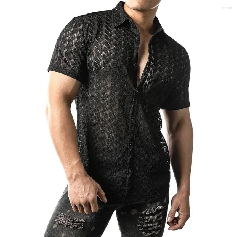 Men's Casual Shirts Mens Summer Mesh See Through Lace Short Sleeve Sexy Party Nightclub Tops