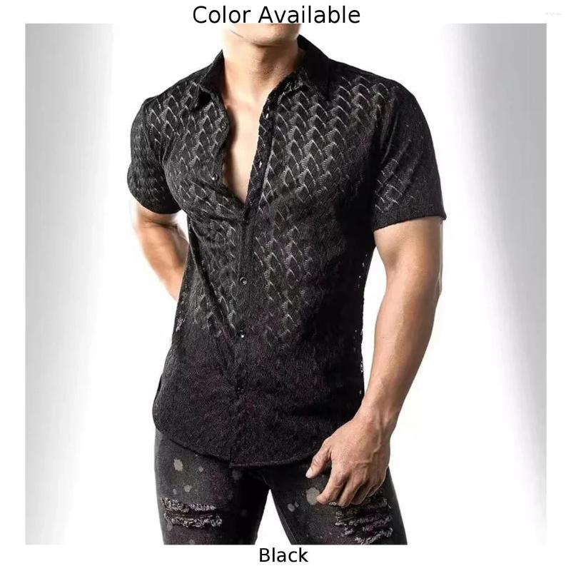 Men's Casual Shirts Mens Summer Mesh See Through Lace Short Sleeve Sexy Party Nightclub Tops