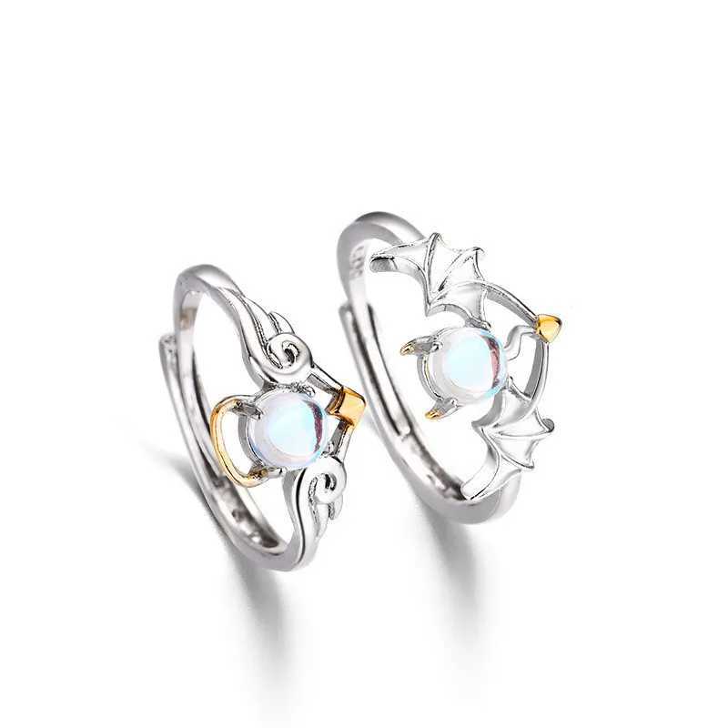 2023 Trendy Angel Devil Moonstone Couple Rings for Women Men Silver Color Opening Adjustable Lovers Ring Wedding Jewelry GiftsX240921