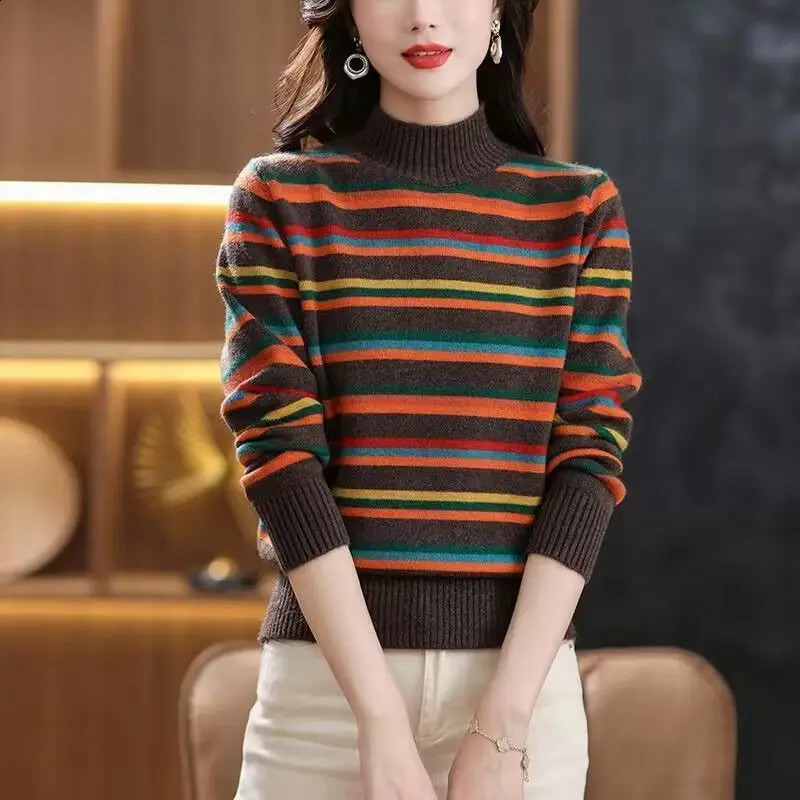 Lion Mountain Rainbow Winter Womens Half High Collar Long Sleeve Striped Sweater Colored and Velvet Fit Comfortable Top 240912