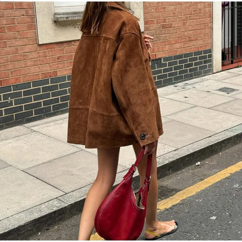 Retro Brown Suede Leather Blazer Lapel Casual Single Breasted Loose Pocket Women Jacket 2024autumn Fashion Commute Street Coats 240921